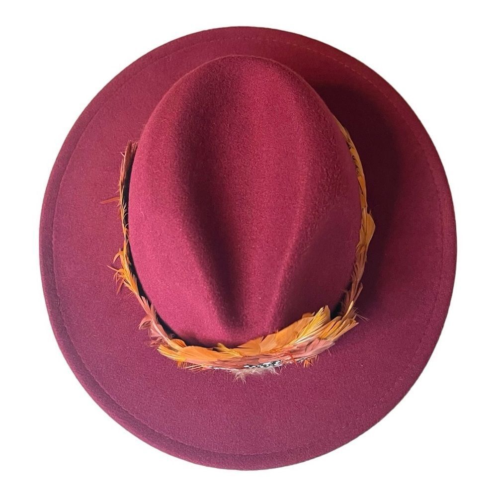 Beautiful Wine Color Felt Fedora with Elaborate Feather Hat Band - UNISEX - Picture 3 of 10